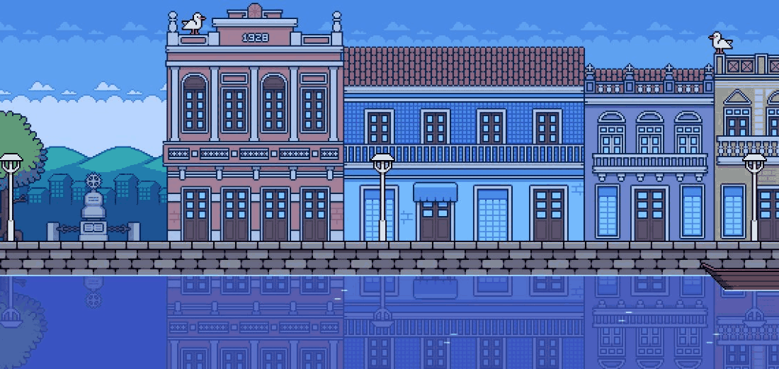 Centro histórico de Laguna em pixel art, com o casario colorido refletido na água